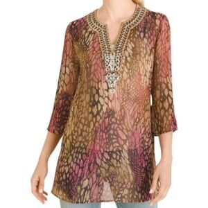 Gorgeous embellished animal print sheer top from Chicos size 1 EUC